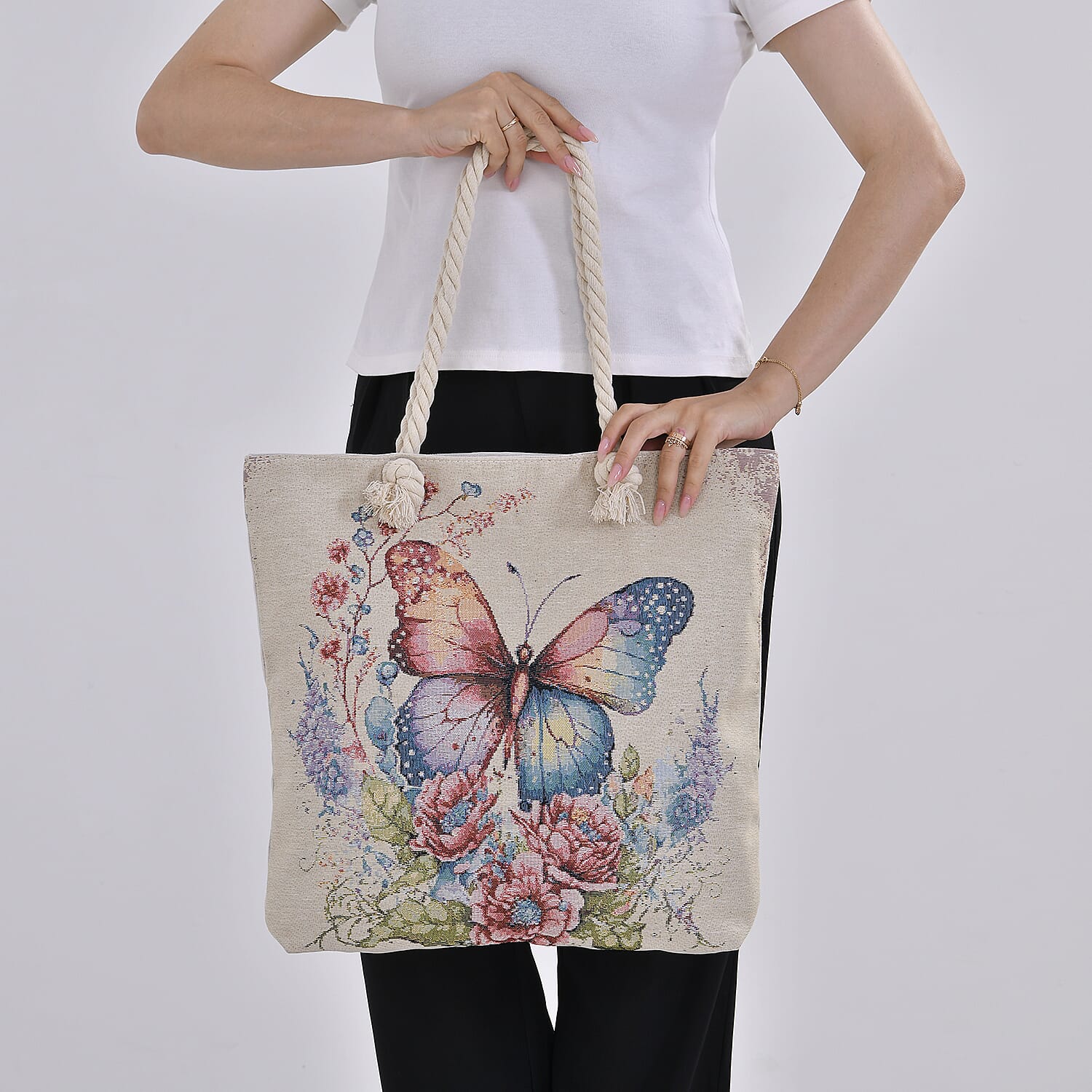 Jute Butterfly Printed Tote Bag with Long Handle Drop - Pink