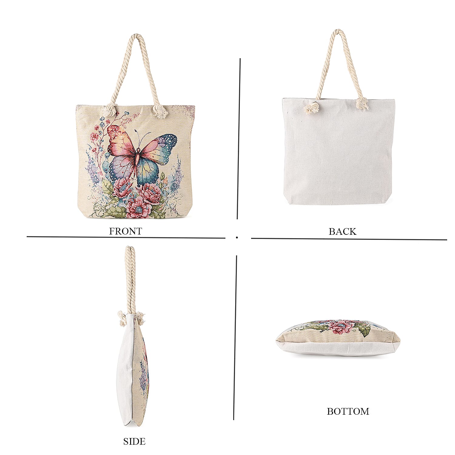 Jute Butterfly Printed Tote Bag with Long Handle Drop - Pink