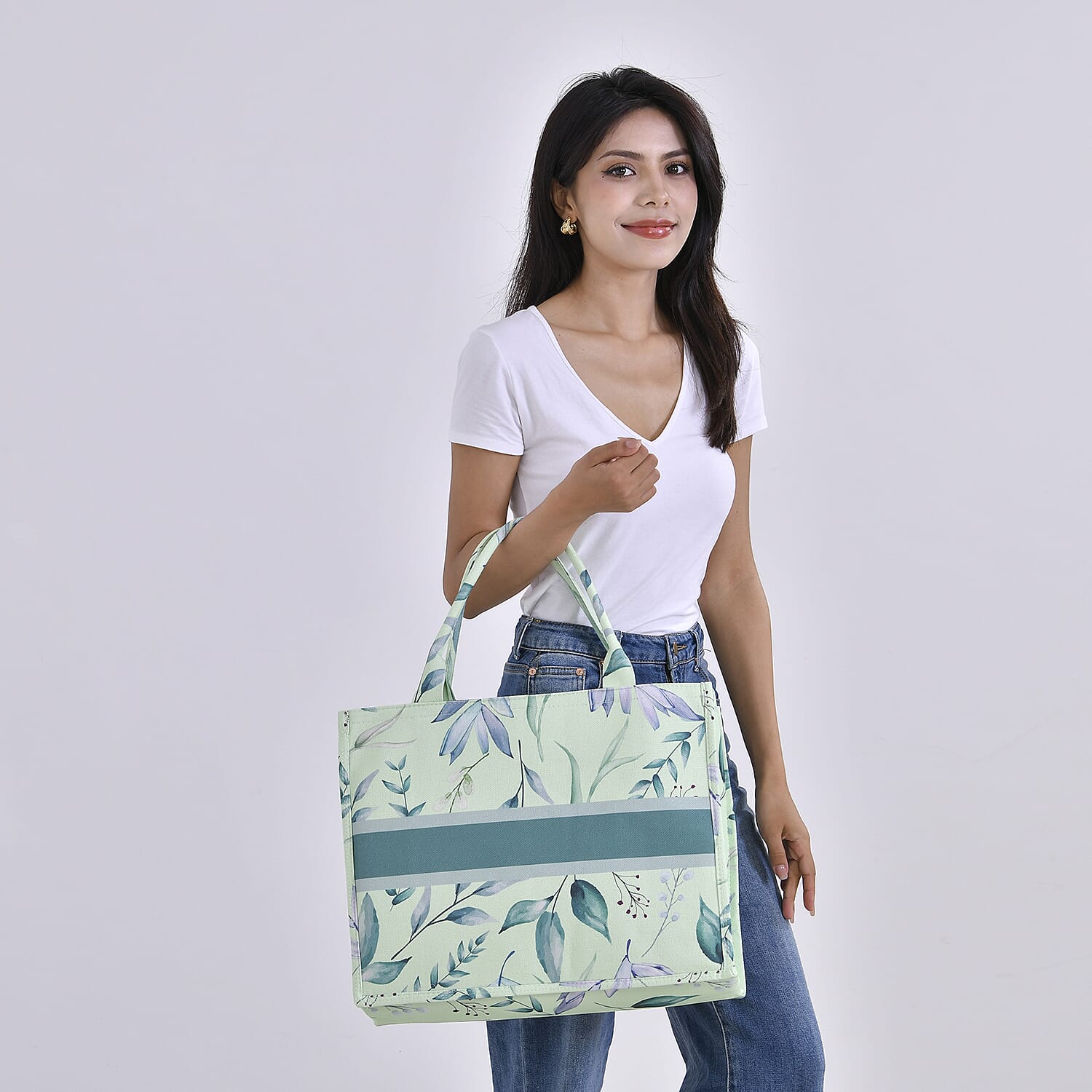 Designer Inspired Closeout - Floral Pattern Tote Bag with Handle Drop - Green