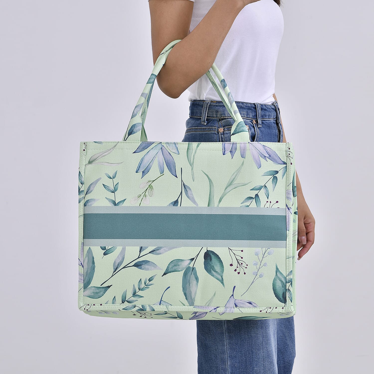 Designer Inspired Closeout - Floral Pattern Tote Bag with Handle Drop - Green