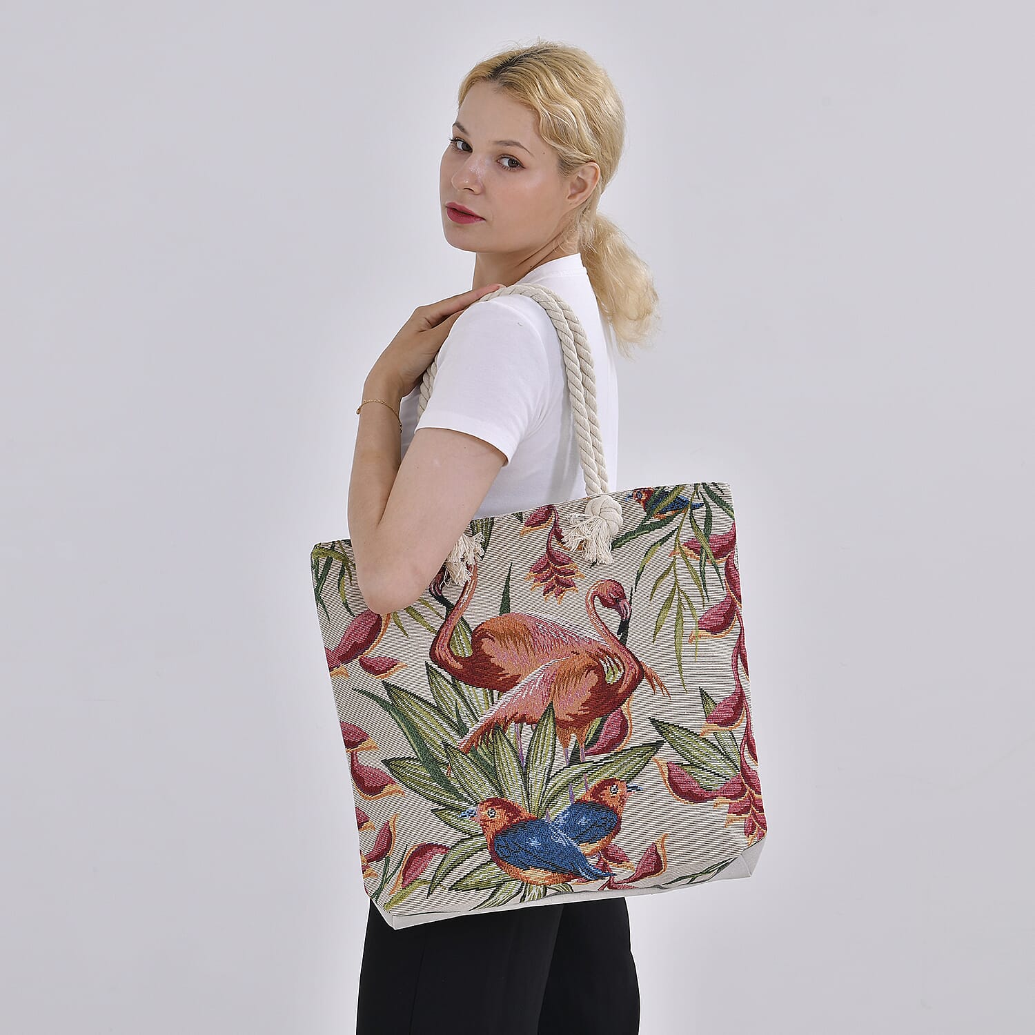 Jute Flamingo Printed Tote Bag with Long Handle Drop - Red