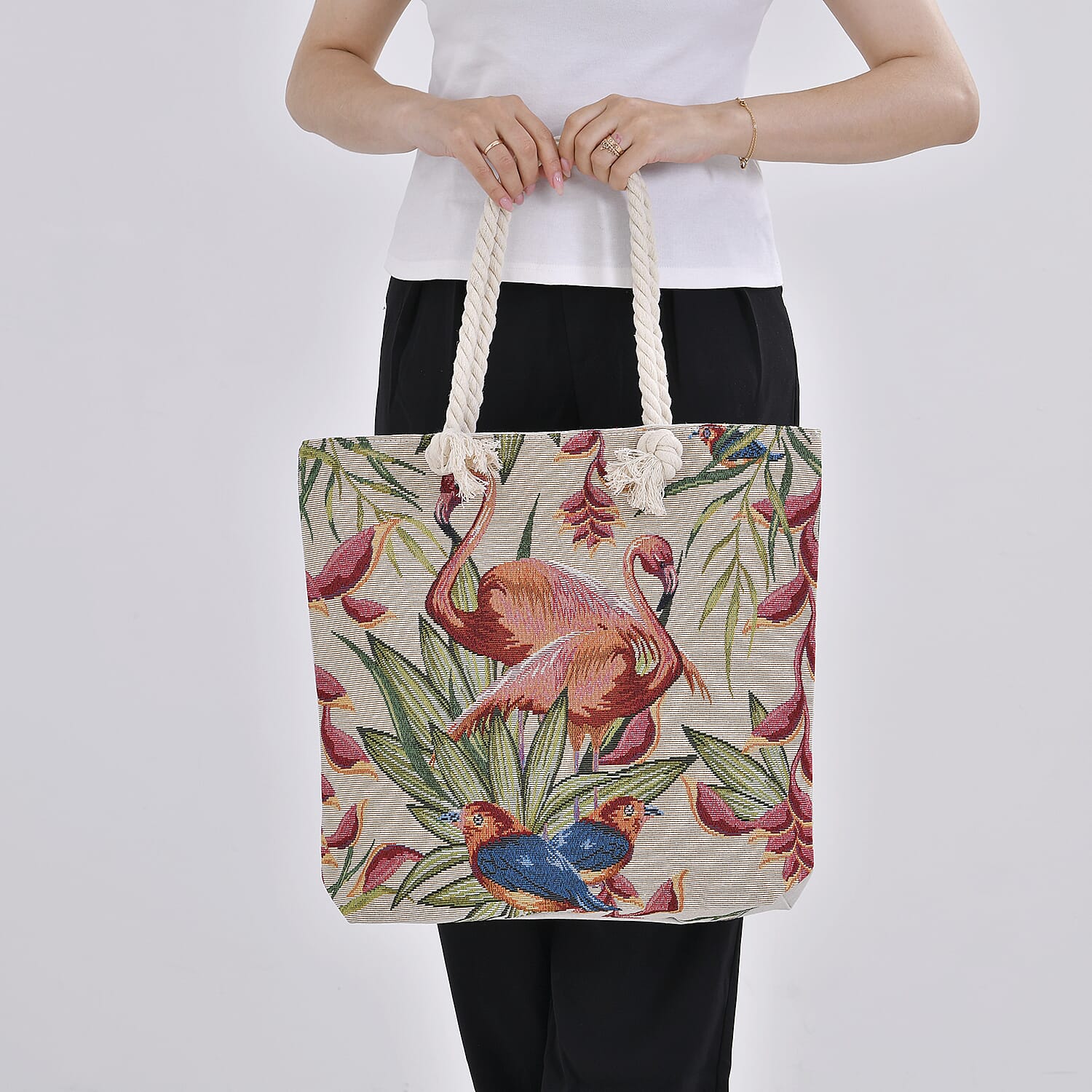 Jute Flamingo Printed Tote Bag with Long Handle Drop - Red