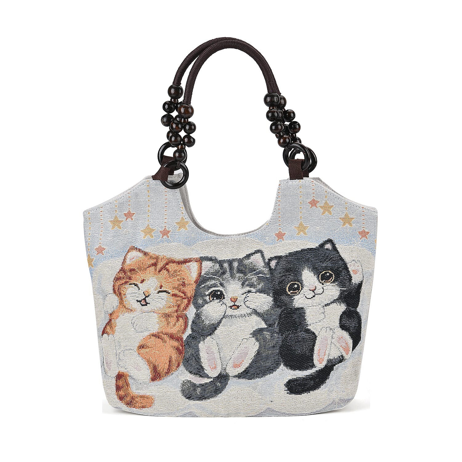 Jute Cute Cat Tote Bag with Zipper Closure - Beige