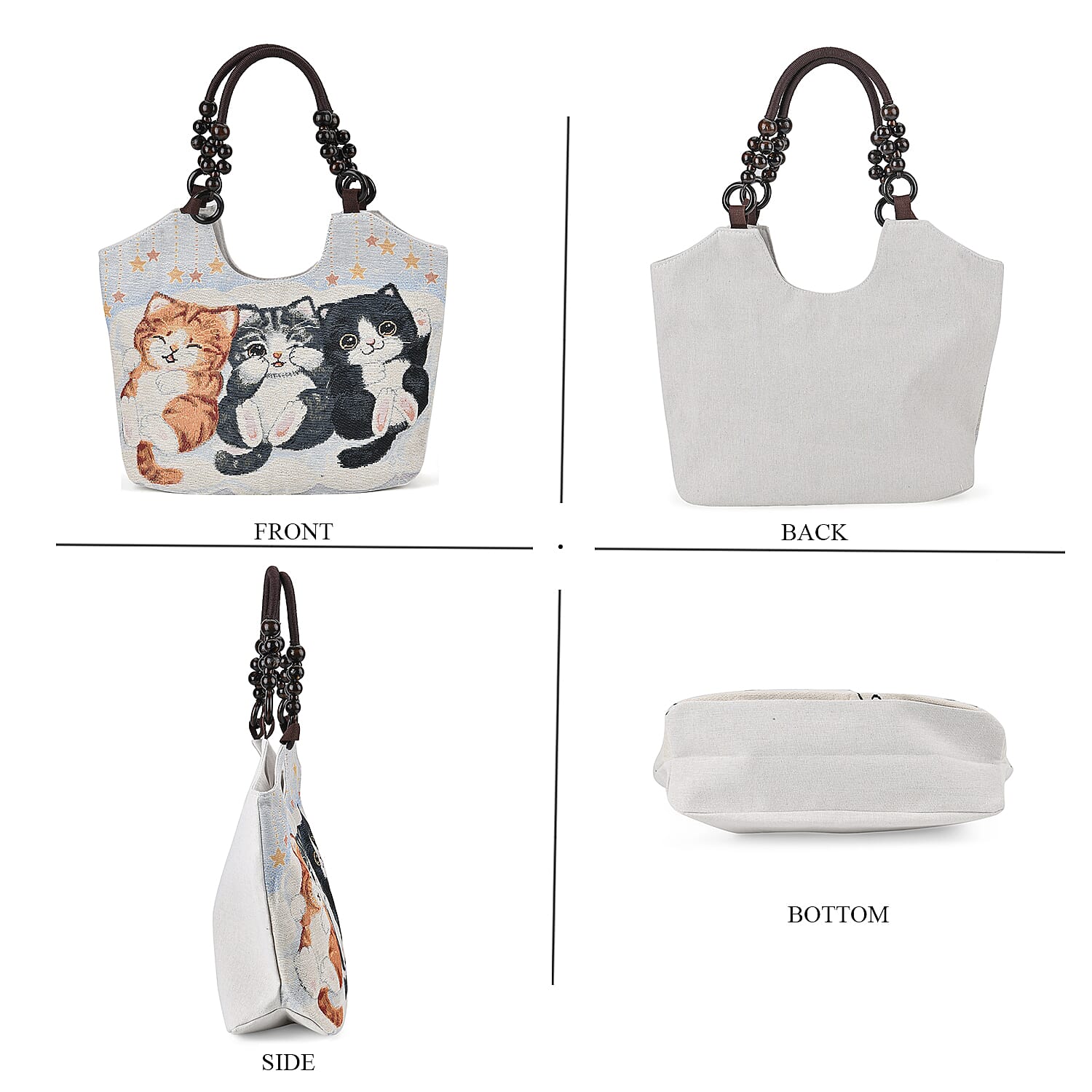 Jute Cute Cat Tote Bag with Zipper Closure - Beige