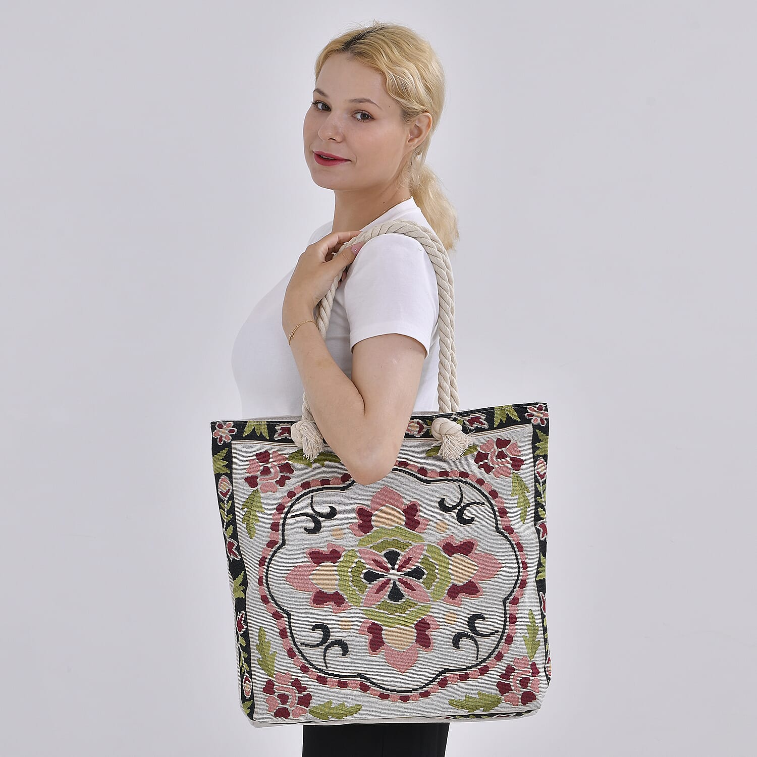 Jute Minority Printed Tote Bag with Long Handle Drop - Multi