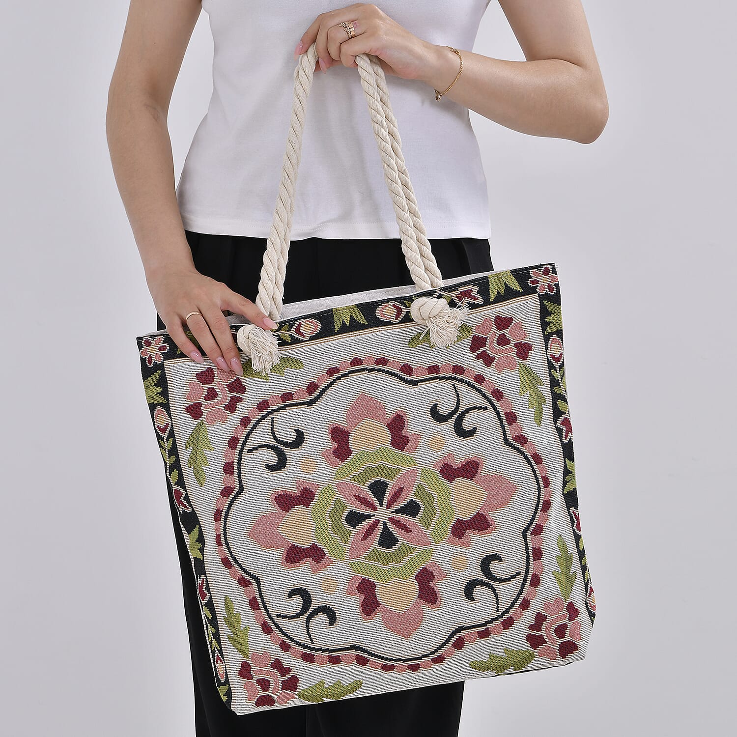 Jute Minority Printed Tote Bag with Long Handle Drop - Multi