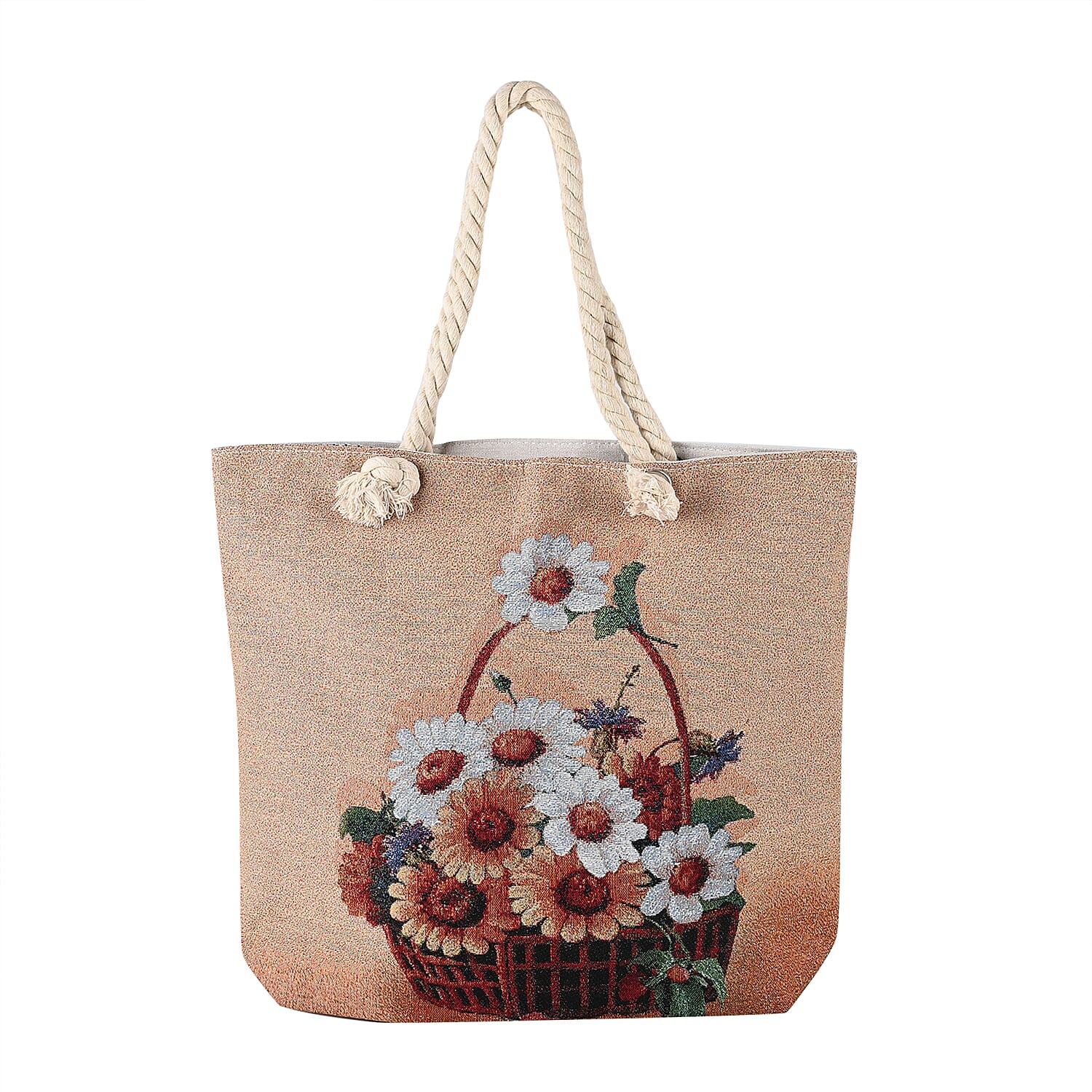 Jute Floral Printed Tote Bag with Long Handle Drop - Beige