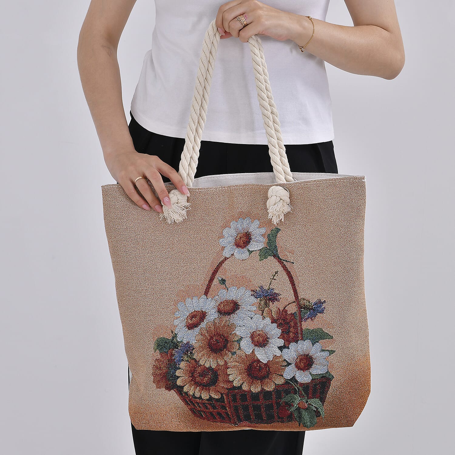 Jute Floral Printed Tote Bag with Long Handle Drop - Beige