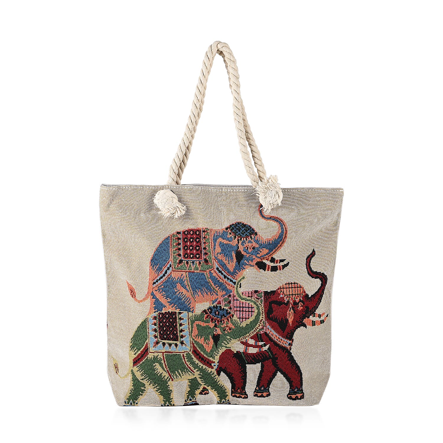 Jute Elephant Printed Tote Bag with Long Handle Drop - Multi