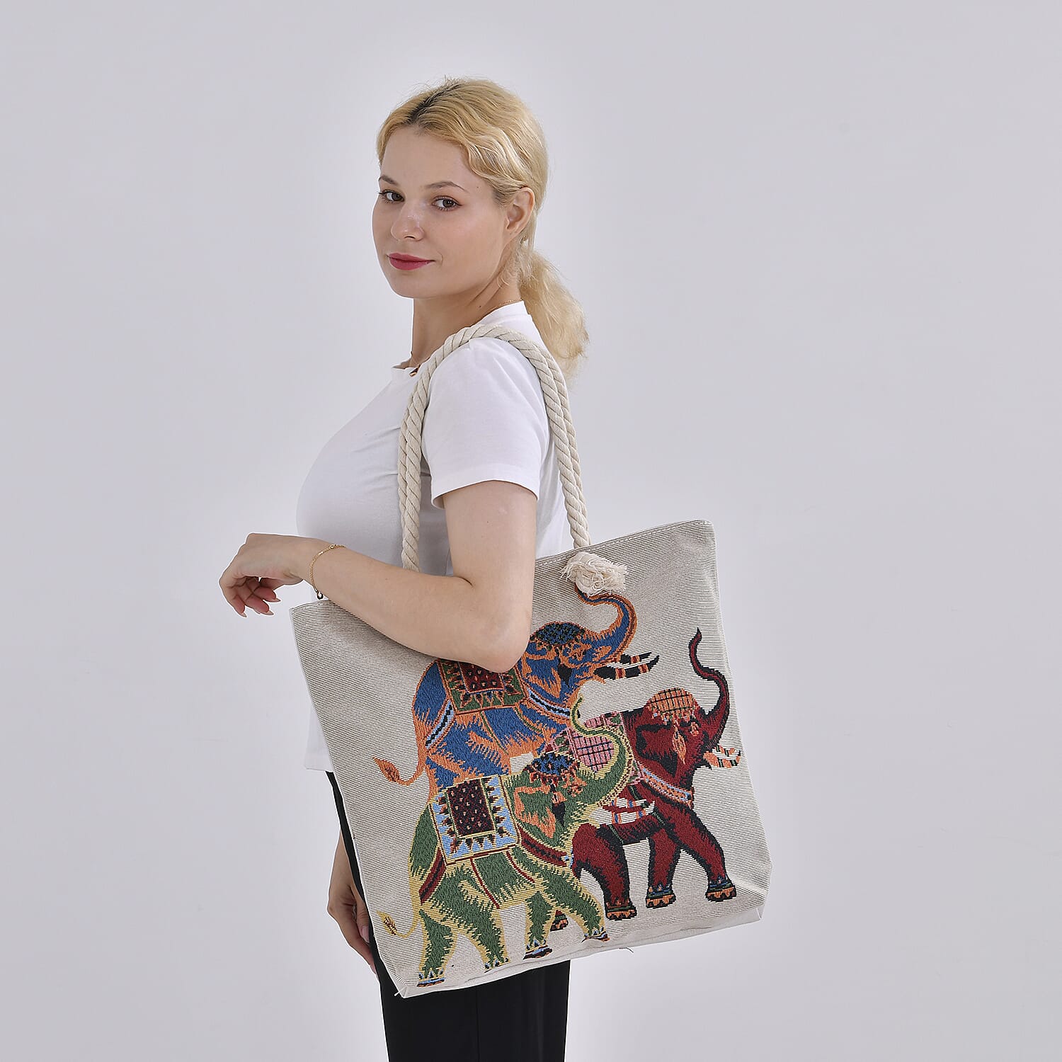 Jute Elephant Printed Tote Bag with Long Handle Drop - Multi