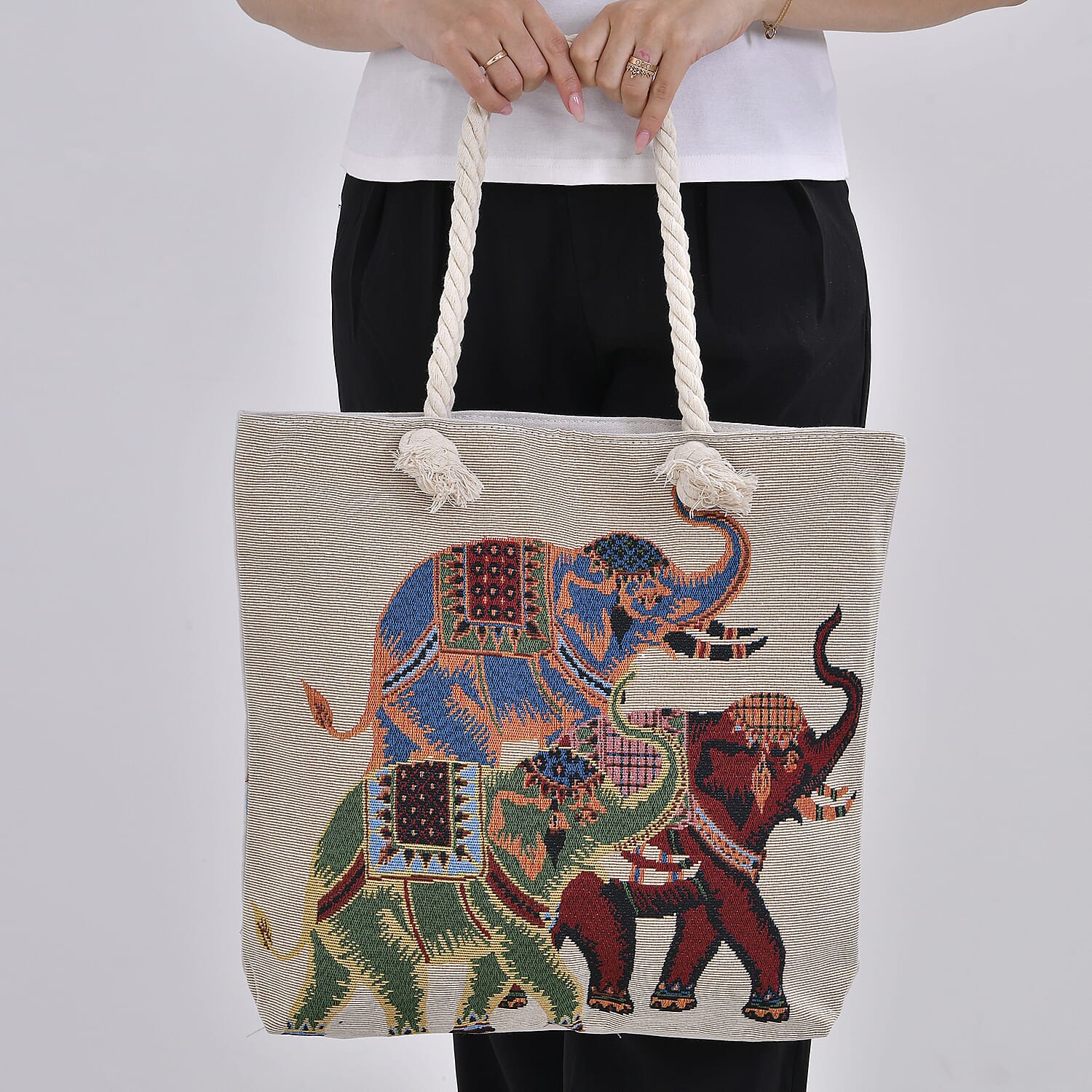 Jute Elephant Printed Tote Bag with Long Handle Drop - Multi