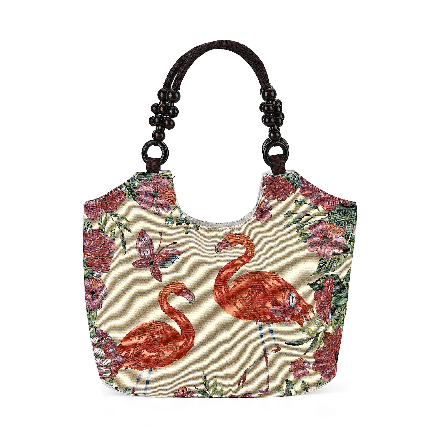 Jute Flamingo Tote Bag with Zipper Closure - Beige