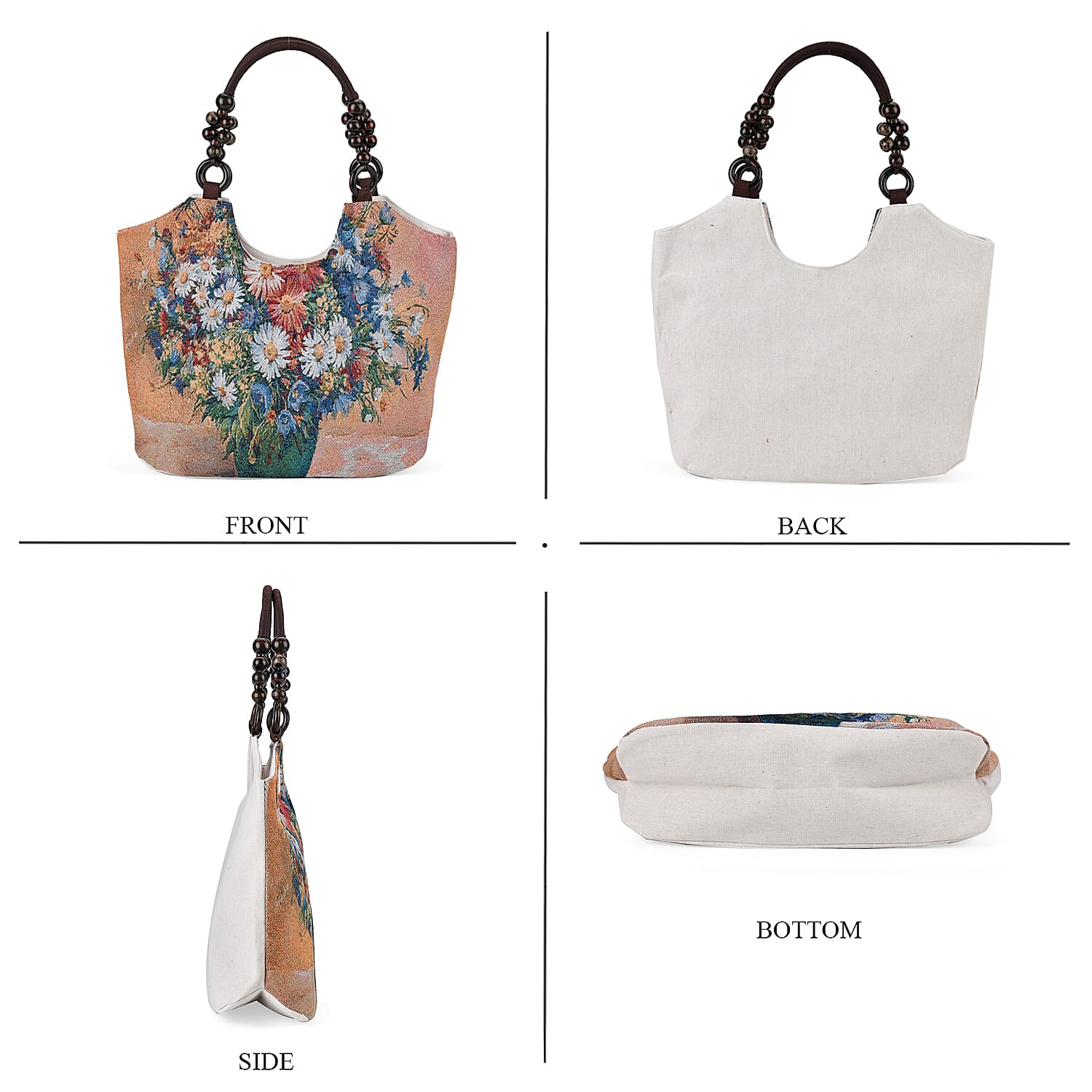 Jute Flower Tote Bag with Zipper Closure - Multicolour