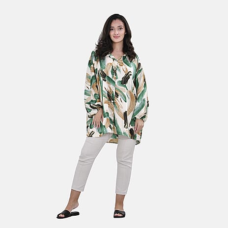 La Marey Printed Pattern Button Down Top (Size S-M) - Off White with Green