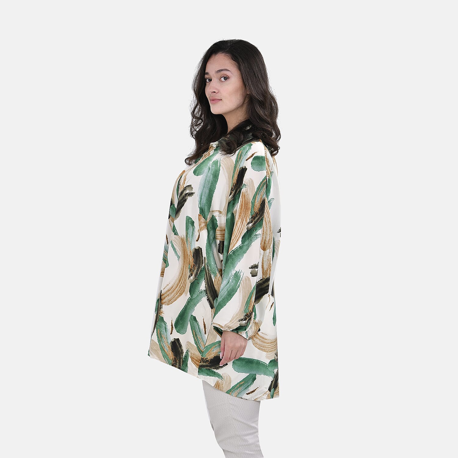 La Marey Printed Pattern Button Down Top (Size S-M) - Off White with Green