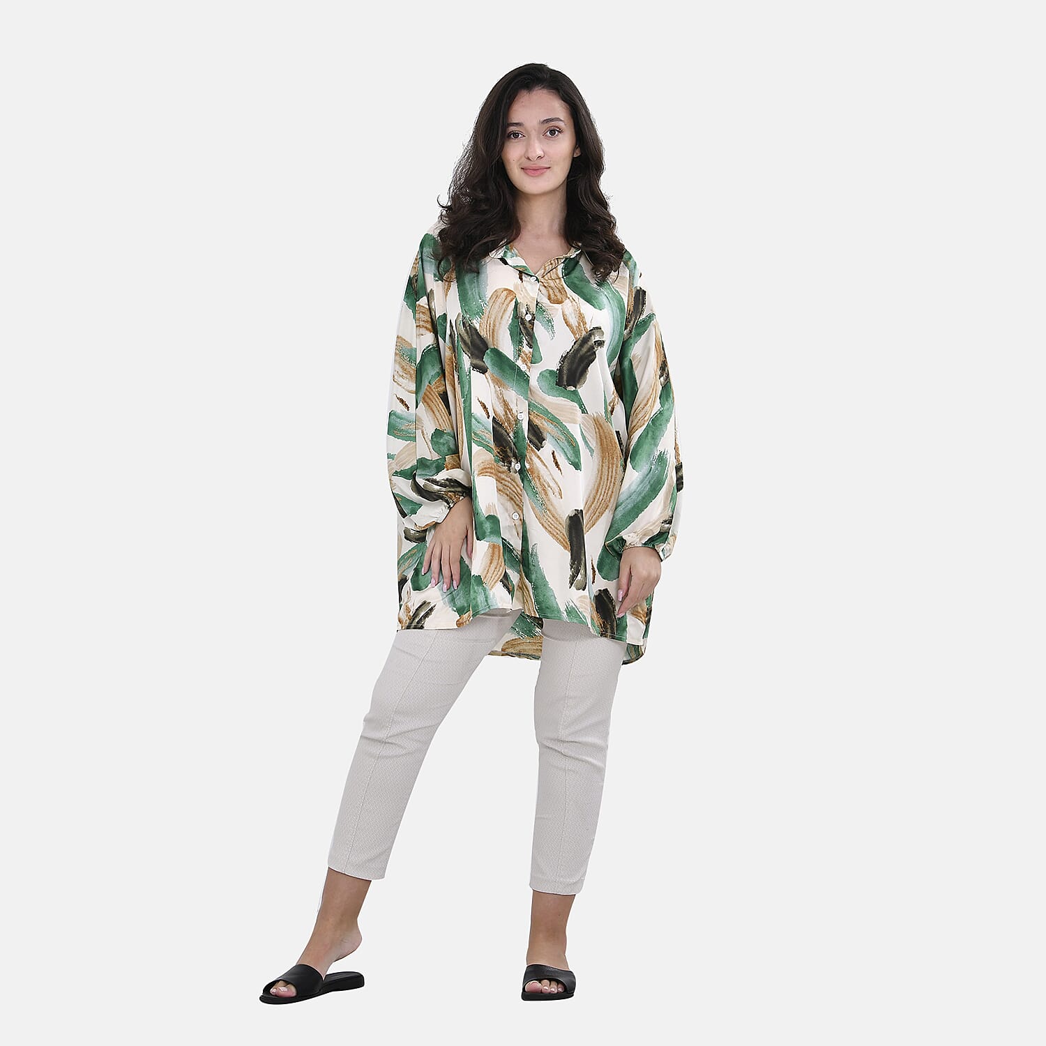 La Marey Printed Pattern Button Down Top (Size L-XL) - Off White with Green