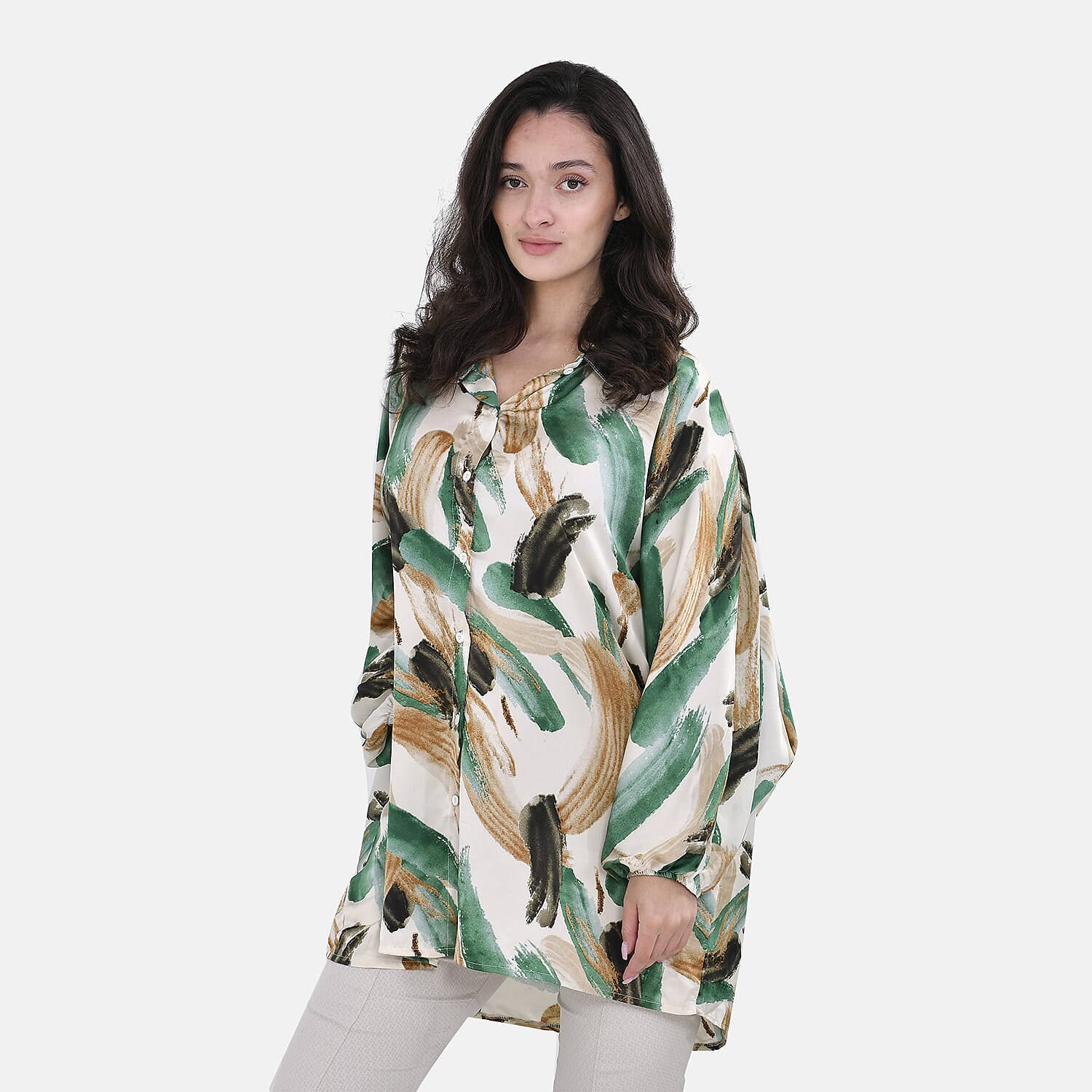 La Marey Printed Pattern Button Down Top (Size L-XL) - Off White with Green