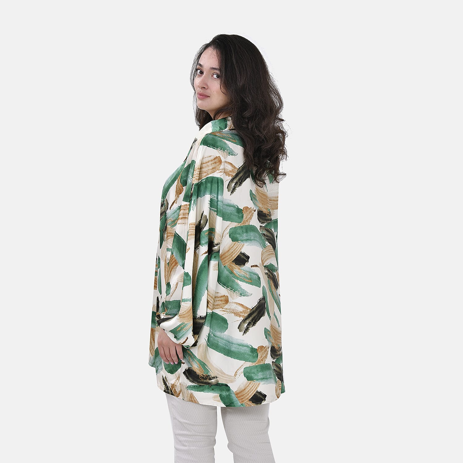 La Marey Printed Pattern Button Down Top (Size L-XL) - Off White with Green