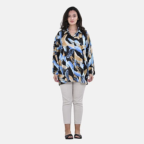 La Marey Printed Pattern Button Down Top (Size S-M) - Blue with Black