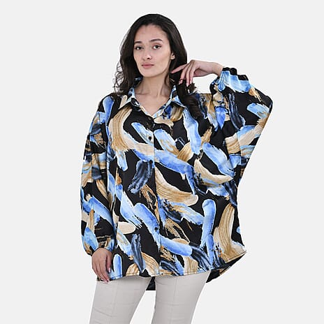 La Marey Printed Pattern Button Down Top (Size S-M) - Blue with Black