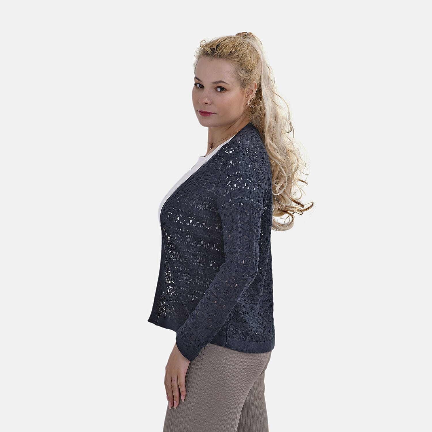 La Marey Acrylic Patterned Cardigan (Size 12 to 14) - Blue