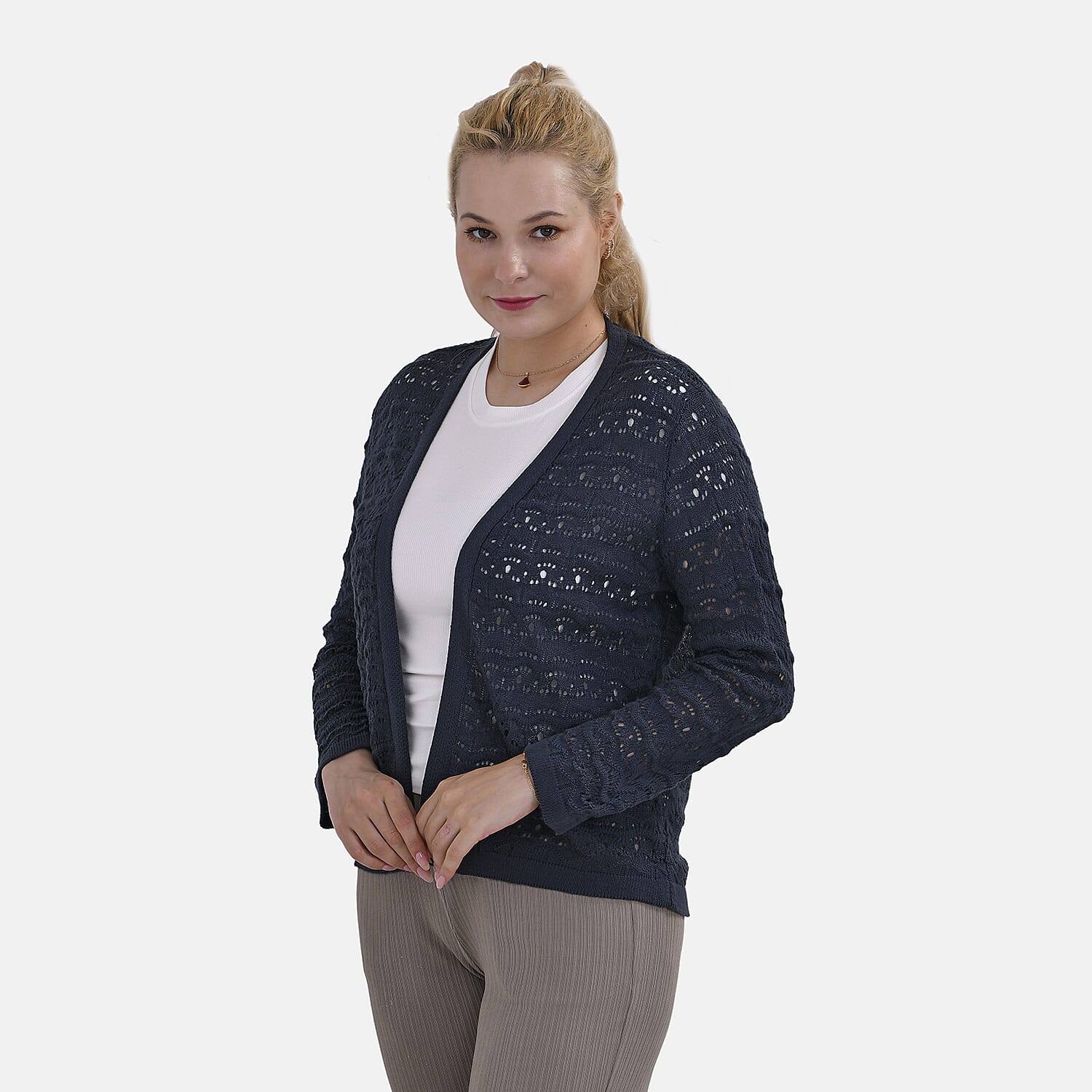 La Marey Acrylic Patterned Cardigan (Size 24 to 26) - Blue