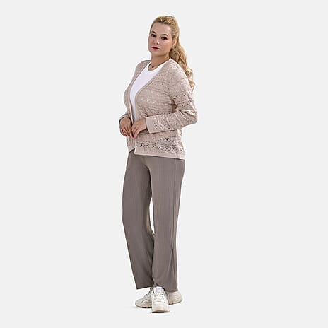 La Marey Lace Hollow Out Knit Cardigan (Size XXL) - Beige