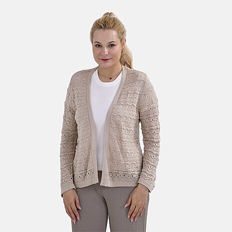 La Marey Lace Hollow Out Knit Cardigan (Size XXL) - Beige