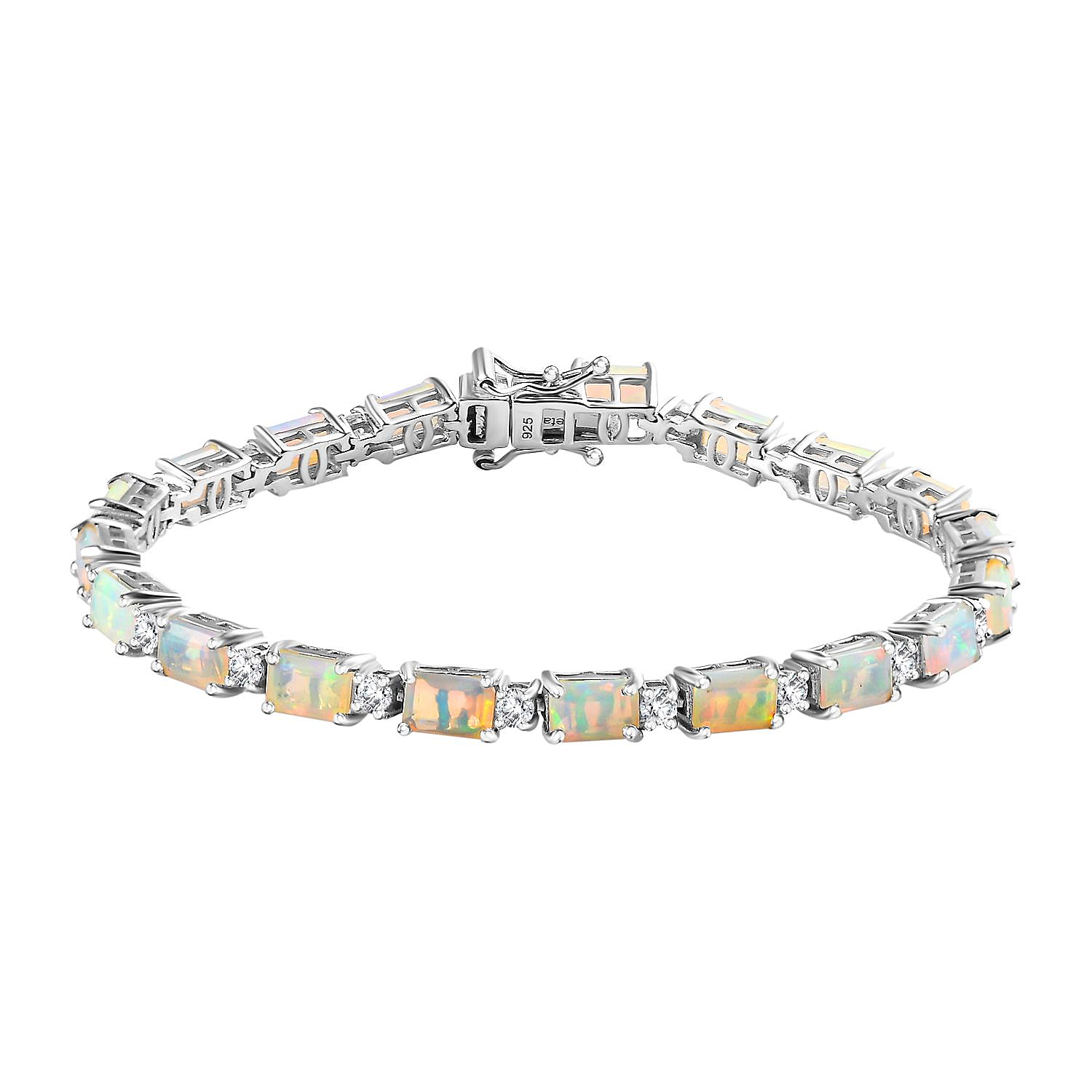 Ethiopian Welo Opal & Natural Zircon Tennis Bracelet (Size - 7) in Platinum Overlay Sterling Silver 7.41 Ct, Silver Wt. 11.25 Gms