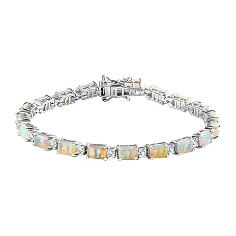 Premium Ethiopian Welo Opal & Natural Zircon Tennis Bracelet (Size - 7) in Platinum Overlay Sterling Silver 7.41 Ct, Silver Wt. 11.25 Gms