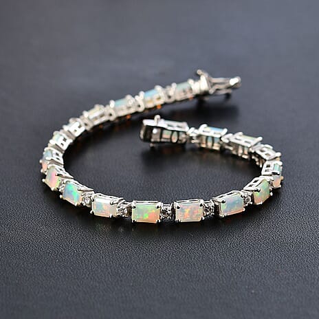 Premium Ethiopian Welo Opal & Natural Zircon Tennis Bracelet (Size - 7) in Platinum Overlay Sterling Silver 7.41 Ct, Silver Wt. 11.25 Gms