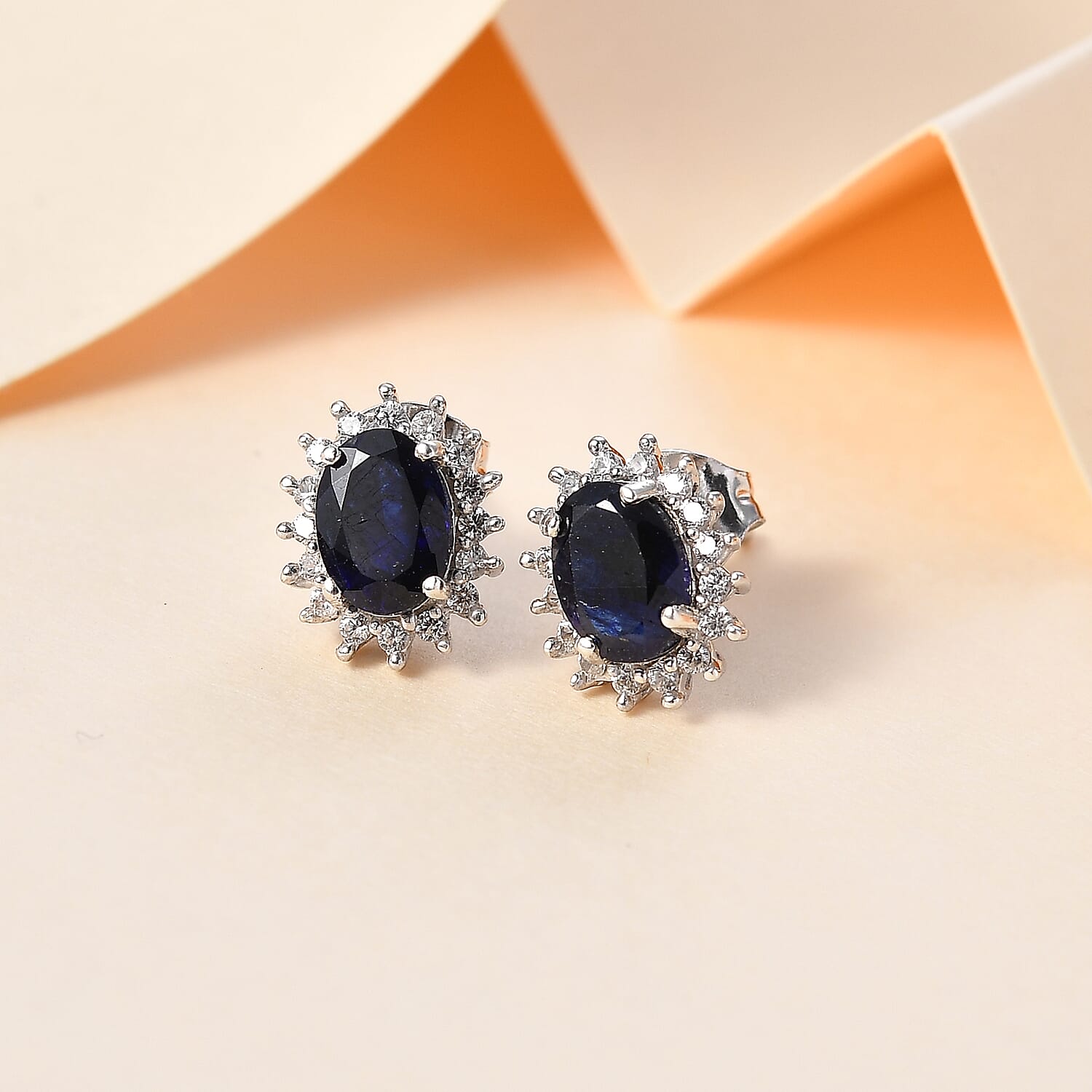 Masoala Sapphire & Natural Zircon Stud Earrings with Push Back in Platinum Overlay Sterling Silver 2.97 Ct.