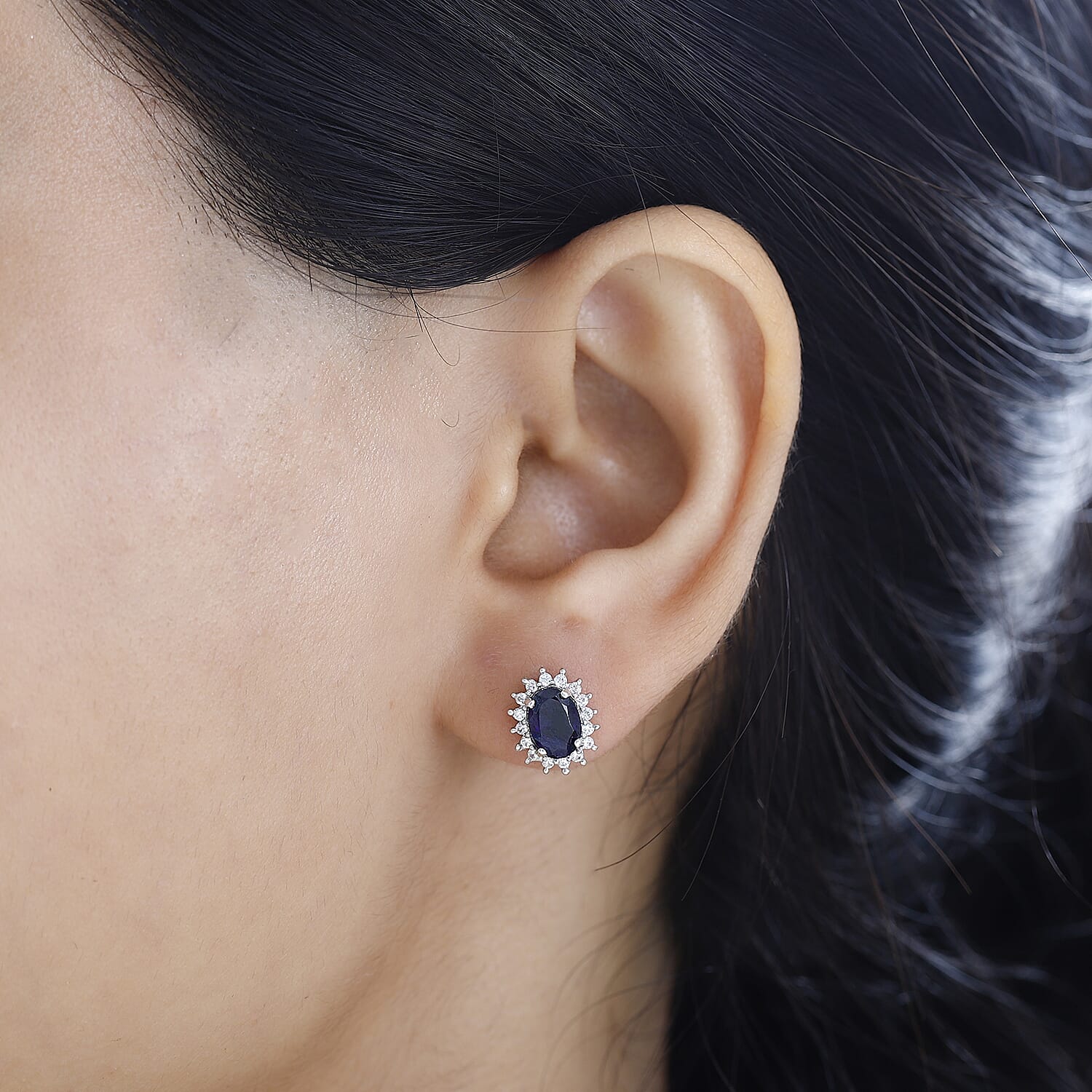 Masoala Sapphire & Natural Zircon Stud Earrings with Push Back in Platinum Overlay Sterling Silver 2.97 Ct.