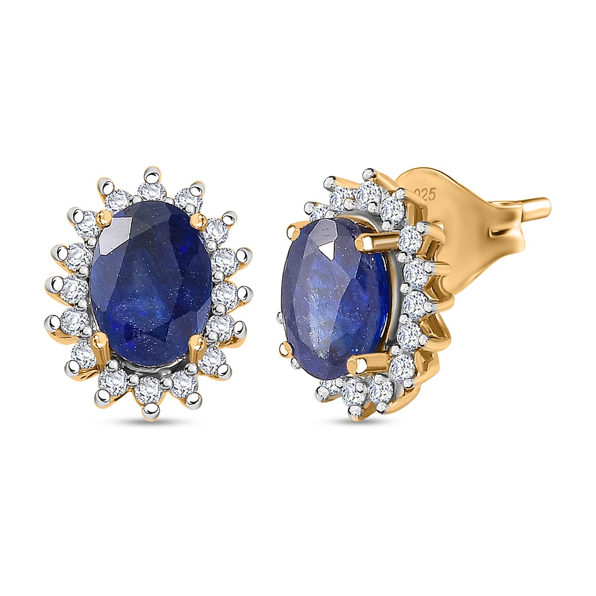 Masoala Sapphire and Natural Zircon Halo Stud Earrings in Platinum Overlay Sterling Silver