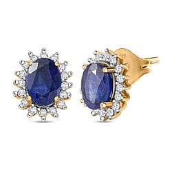 Natural African Ruby (FF) July Birthstone Halo Stud Earrings with Cambodian Zircon in 18K Vermeil Yellow Gold Plated Sterling Silver