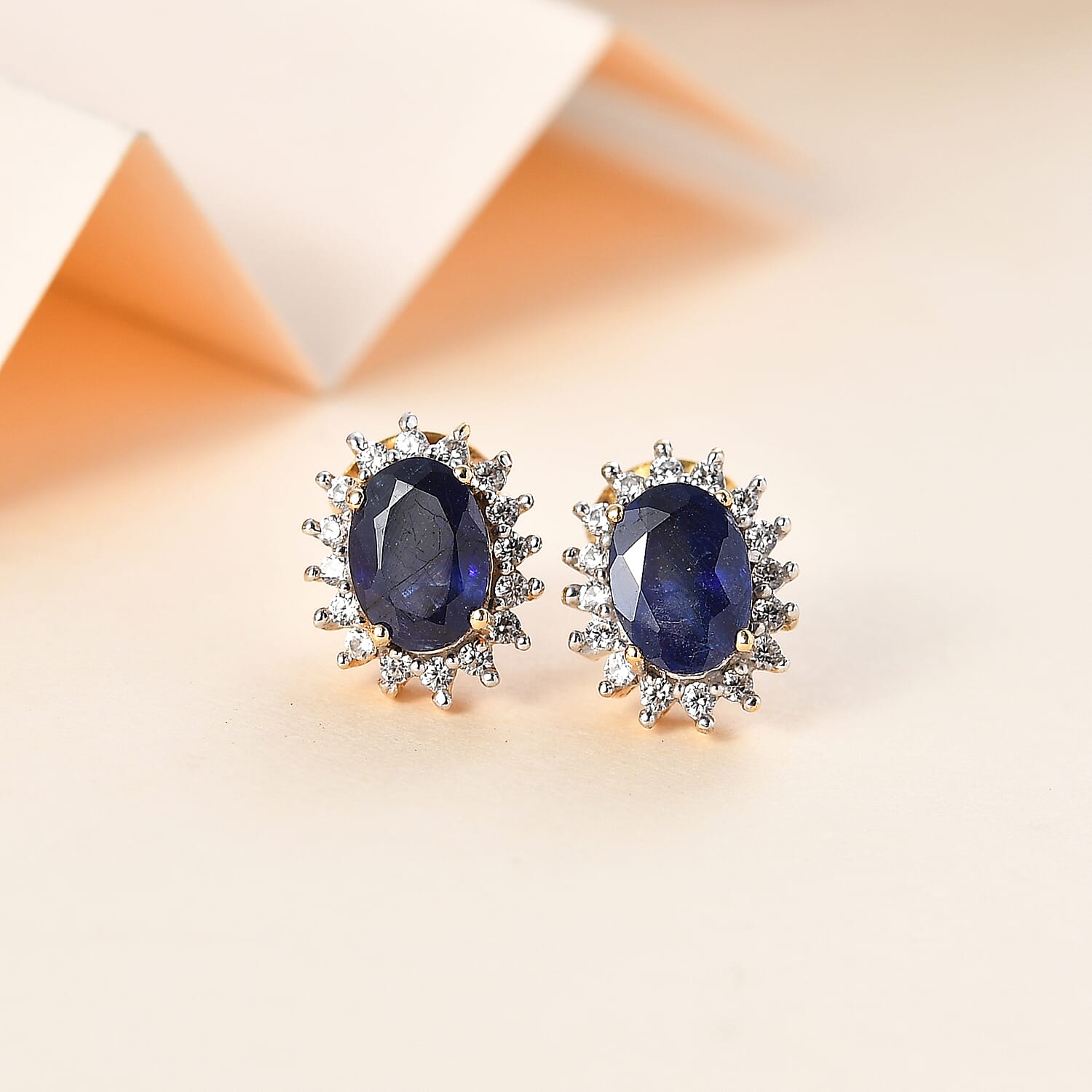 Masoala Sapphire and Natural Zircon Halo Stud Earrings in Platinum Overlay Sterling Silver