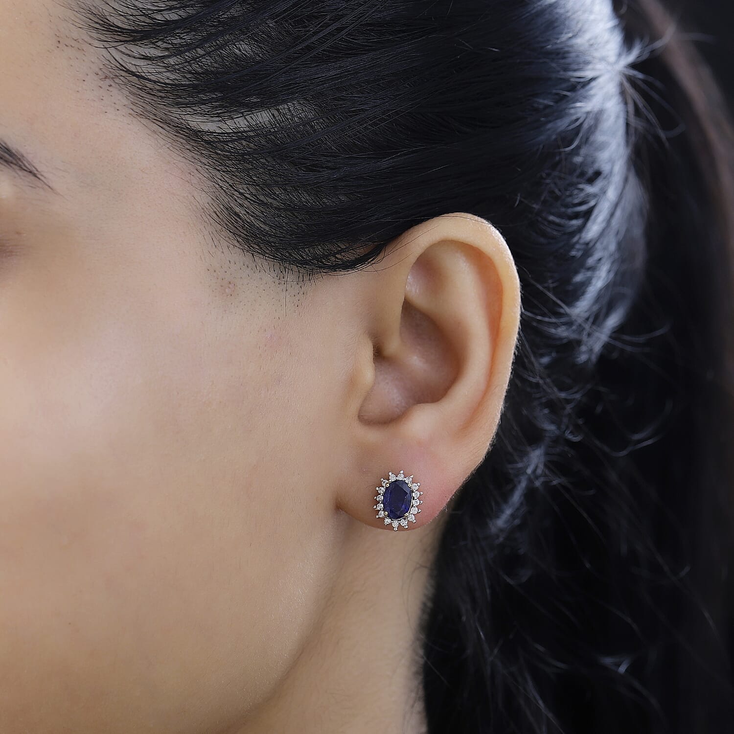 Masoala Sapphire and Natural Zircon Halo Stud Earrings in Platinum Overlay Sterling Silver