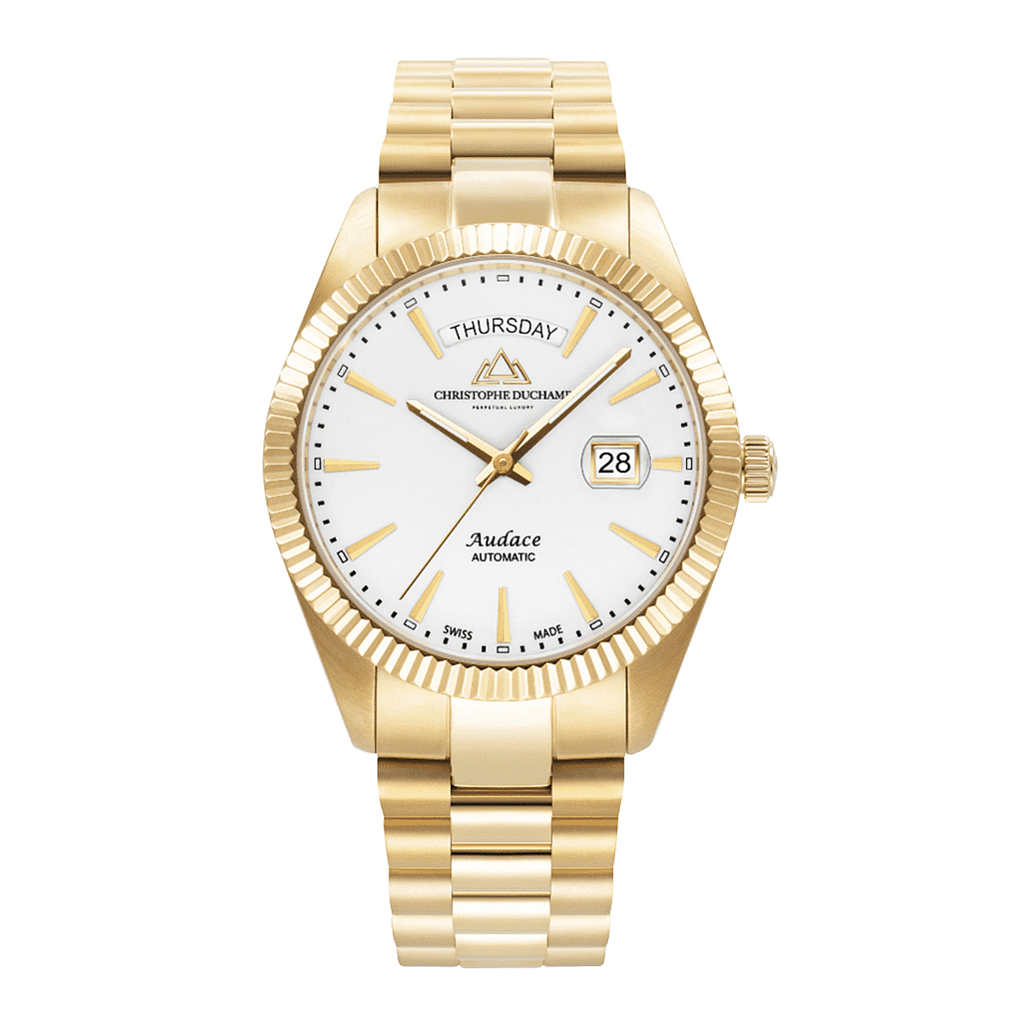 Christophe Duchamp Audace White Dial Automatic Movt. 10 ATM Water Resistant Watch with Gold Bracelet