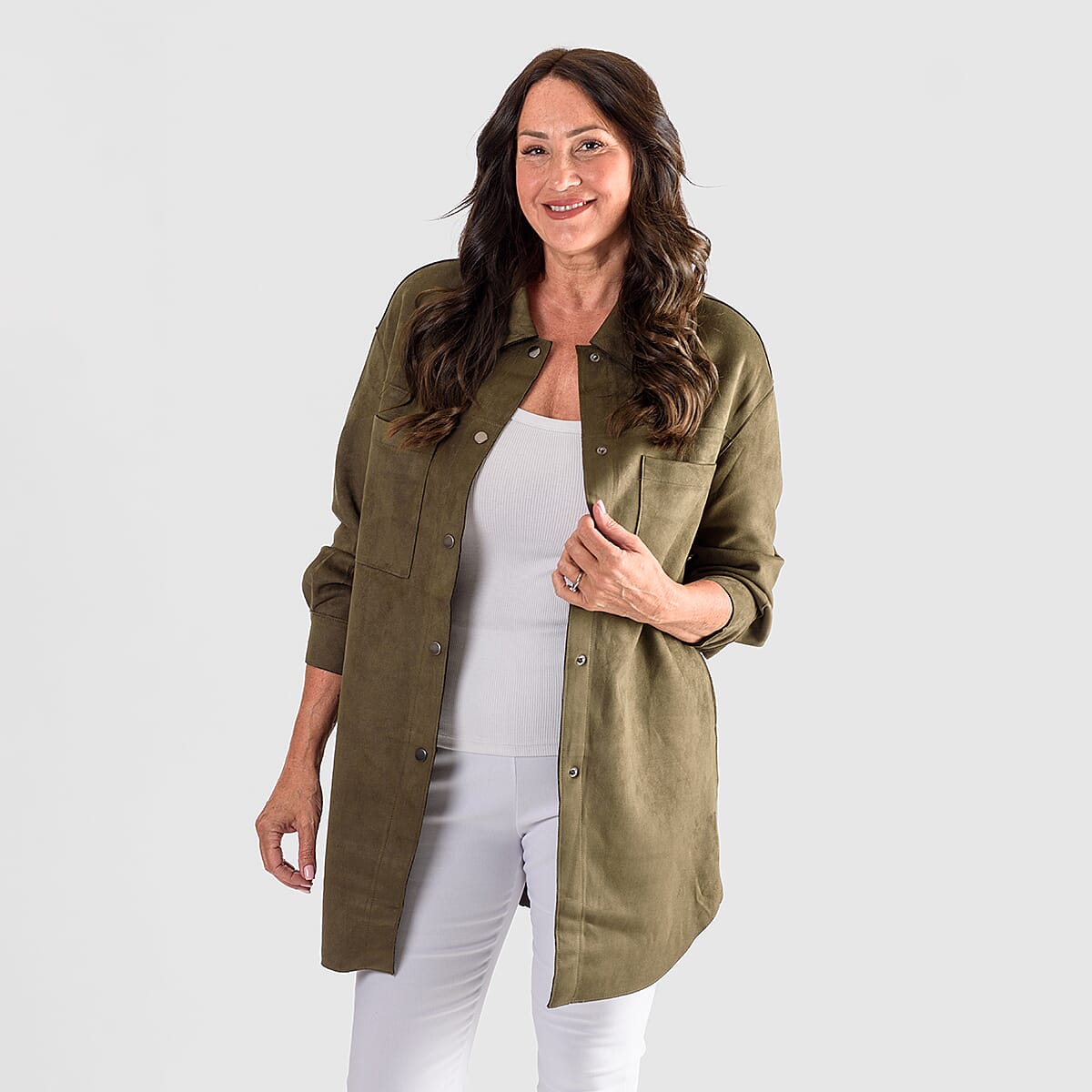 Closeout Deal Suedette Shacket (Size M) - Khaki