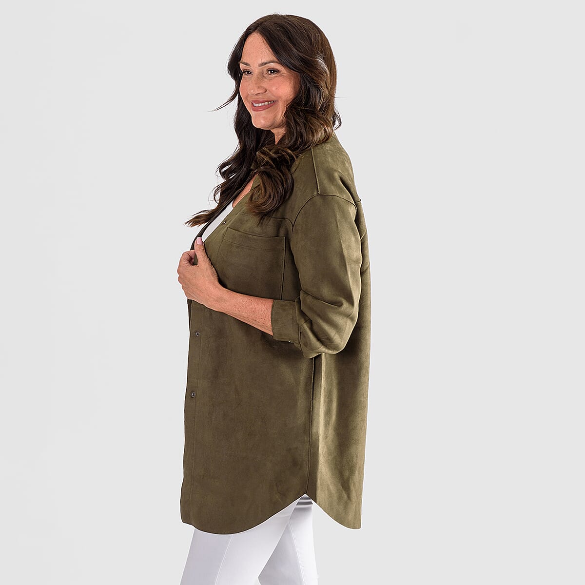 Closeout Deal Suedette Shacket (Size M) - Khaki