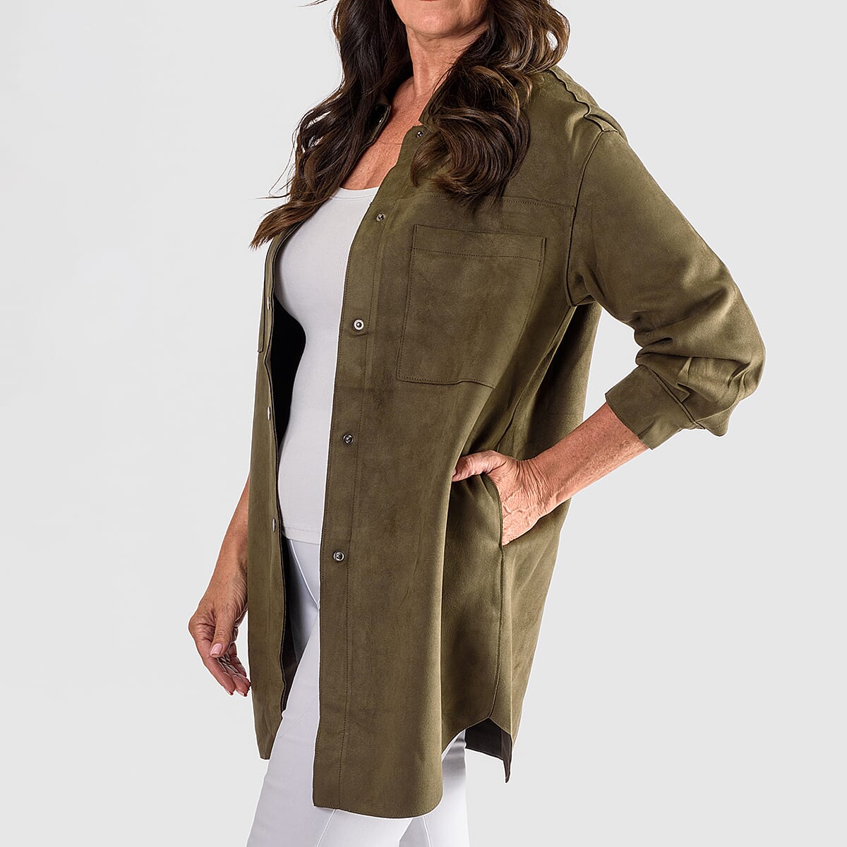 Closeout Deal Suedette Shacket (Size M) - Khaki