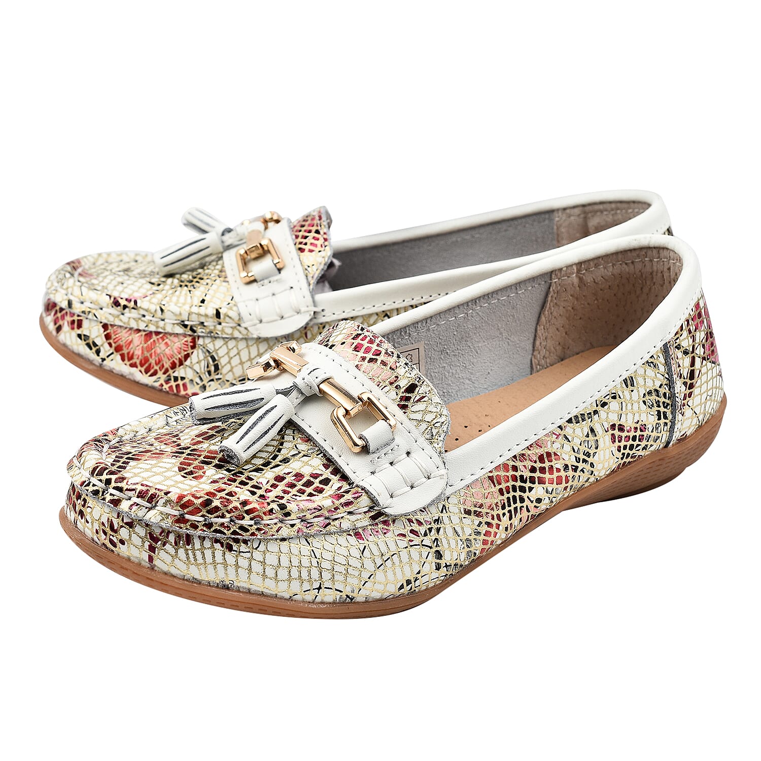 MANDALAY Ladies Floral Print Leather Slip on Shoe (Size 7) - White & Gold