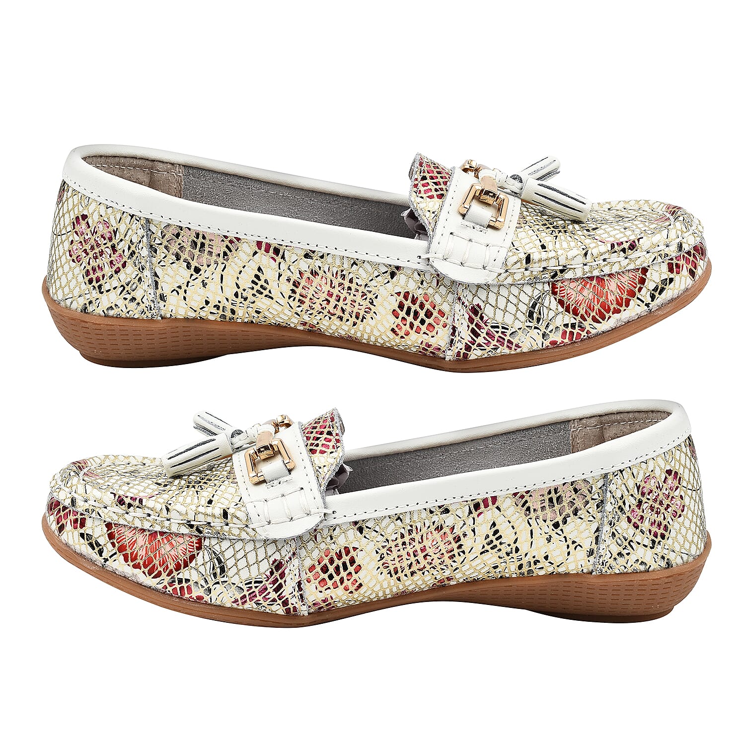 MANDALAY Ladies Floral Print Leather Slip on Shoe (Size 7) - White & Gold