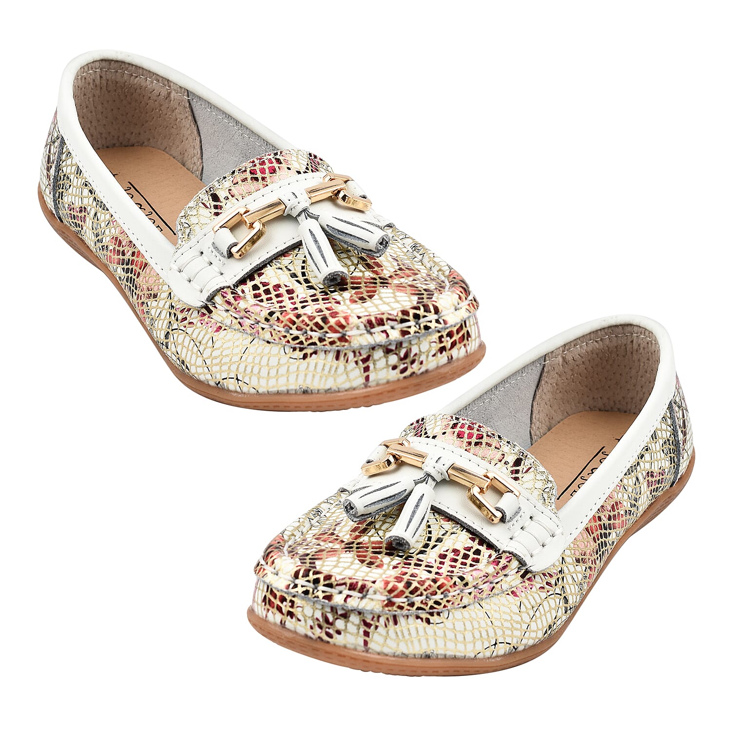 MANDALAY Ladies Floral Print Leather Slip on Shoe (Size 7) - White & Gold