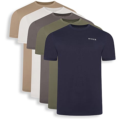 Set of 5 NICCE 100% Cotton Tee (Size S) - Navy, Khaki, Stone, Beige & White