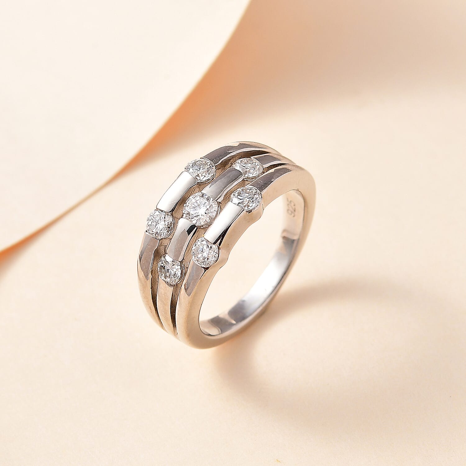 Moissanite Bubble Ring in Platinum Overlay Sterling Silver 1.02 Ct, Silver Wt. 5.19 Gms