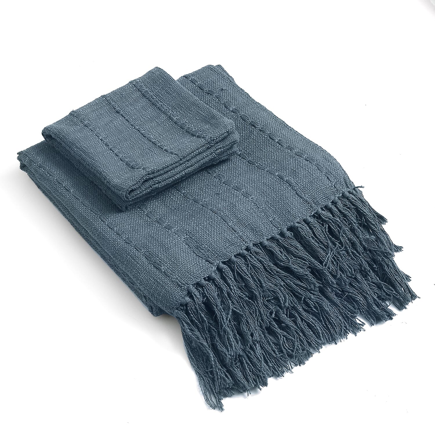 Solid Woven Cotton Slub Throw Blanket (218x152 cm) with Cushion Cover (Size 45x45 cm) - Blue