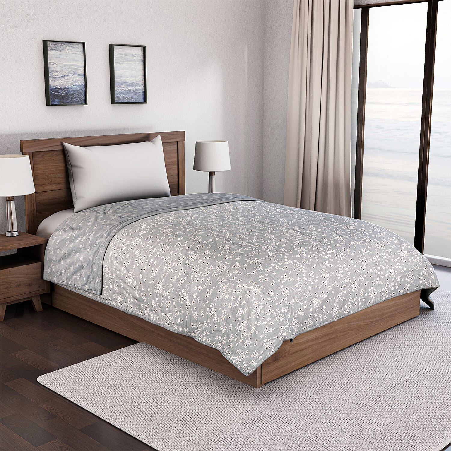 Cotton Printed Throw Blanket (Size 150x1 cm) - Grey & White Cotton Printed Throw Blanket (Size 150x1 cm) - Grey & White