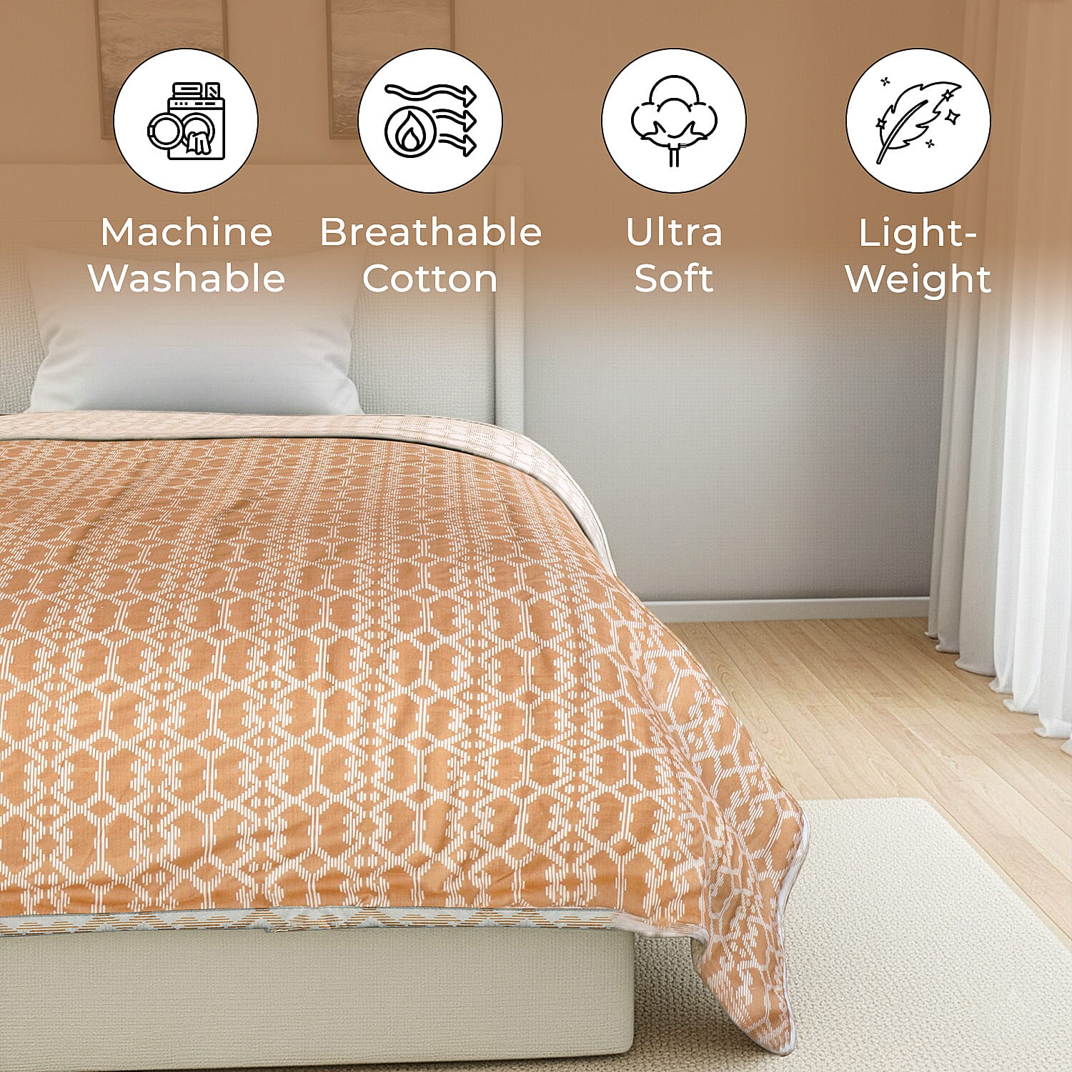 Cotton Printed Throw Blanket (Size 150x1 cm) - Orange & White