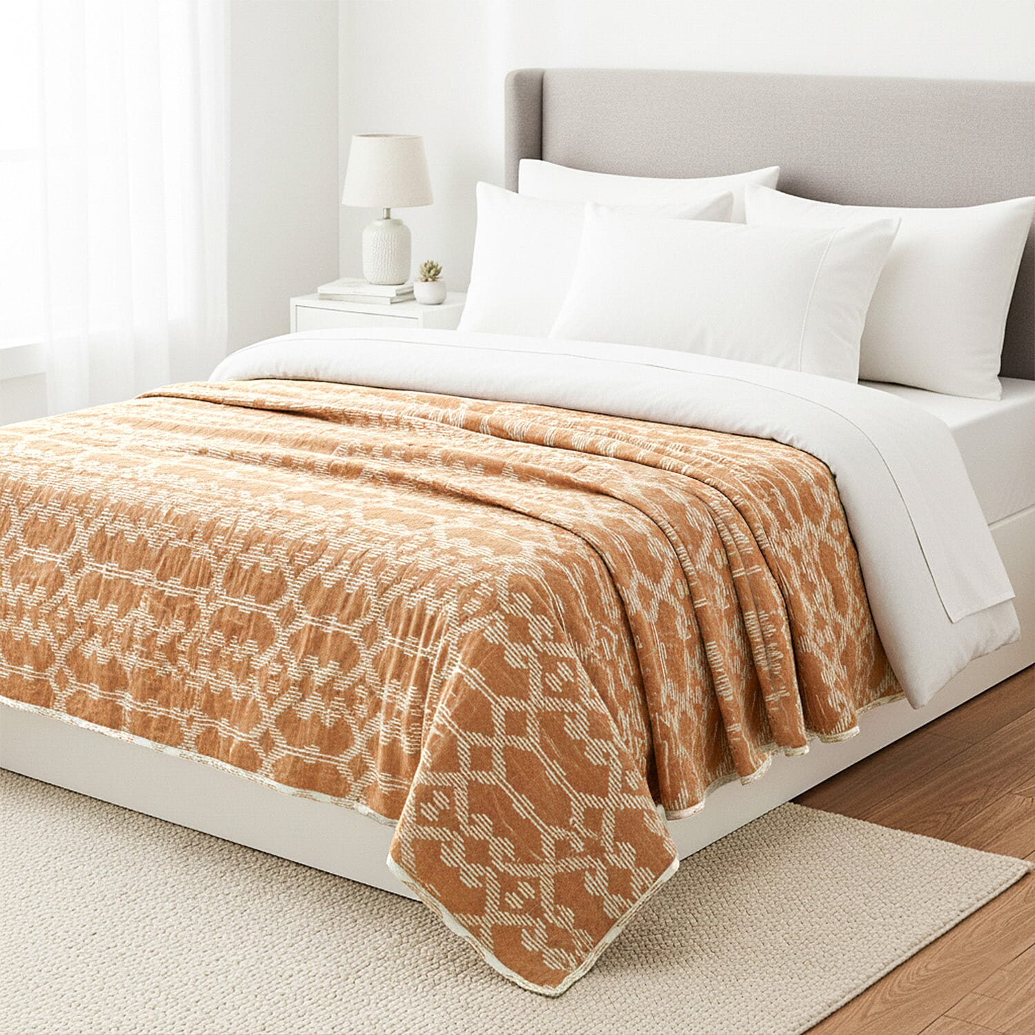 Cotton Printed Throw Blanket (Size 150x1 cm) - Orange & White